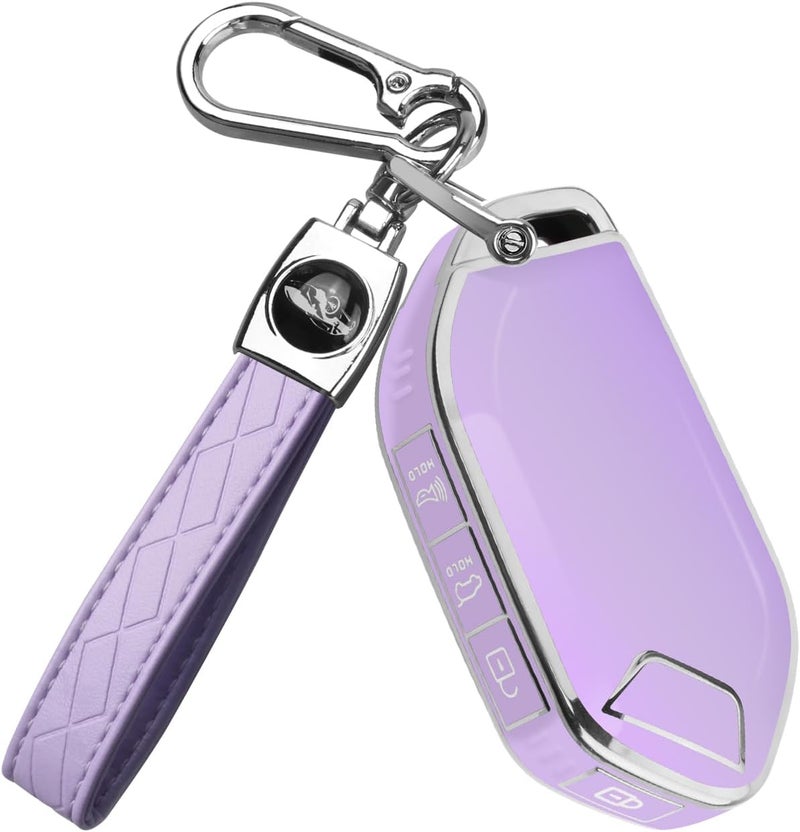 QBUC for Kia Key fob Cover,Soft TPU 360°Car Key Case Protector with Leather Keychain Compatible with Kia Telluride 2023/2024 5 Buttons Smart Key (Purple) - Image 1